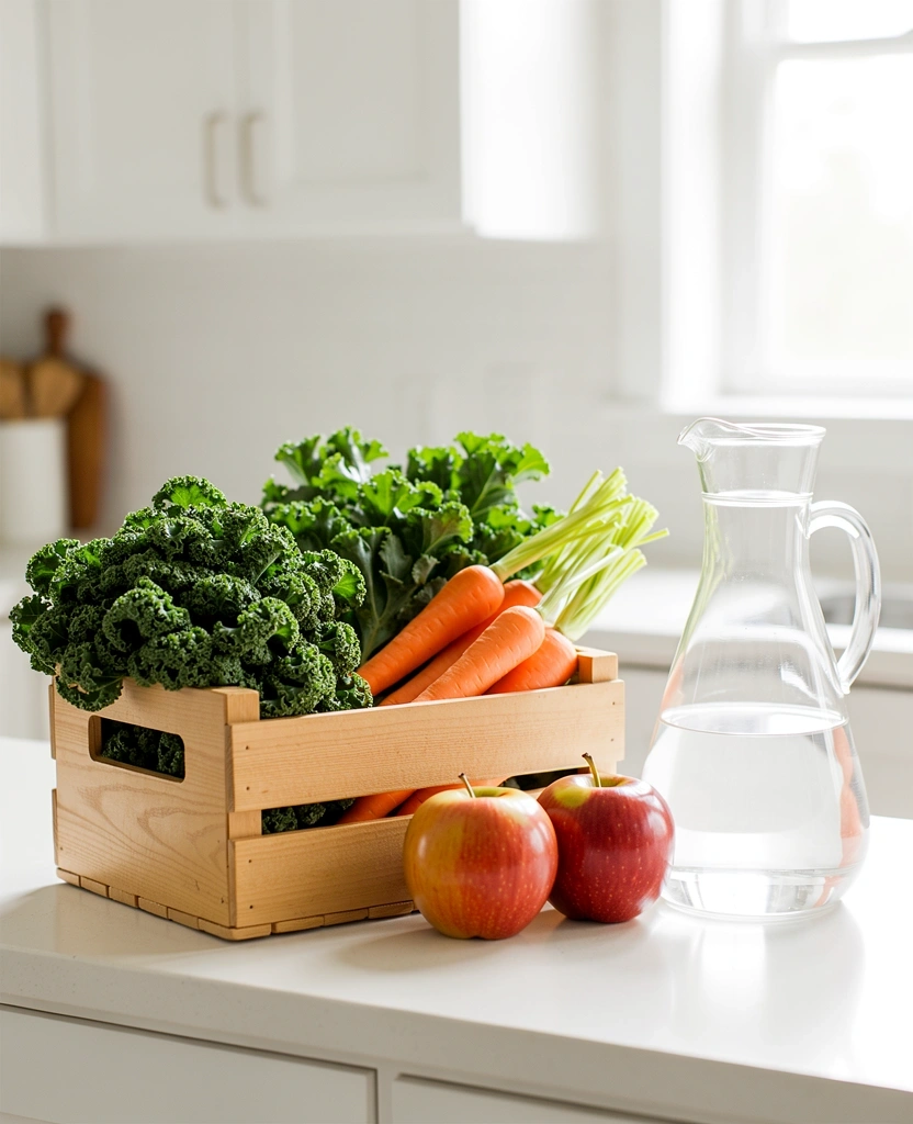 Frische Lebensmittel und Wasser in einer hellen Küche